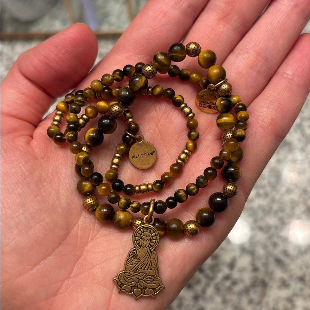 Alex and Ani Tiger Eye Beaded Bracelet with Buddha Charm